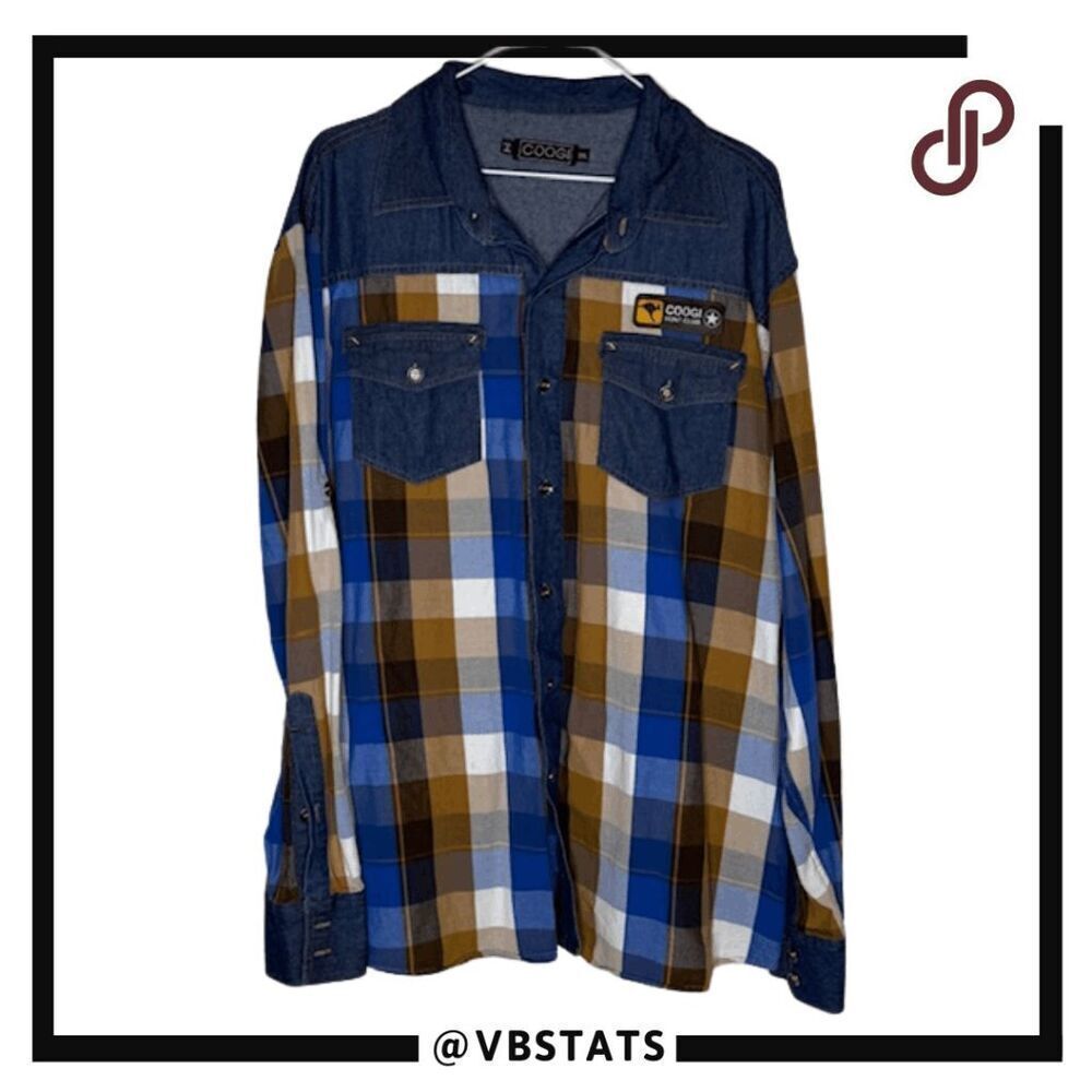 Coogi Men's Hunt Club Denim Plaid Flannel Western Button-Up Shirt Blue Size 2XL‎